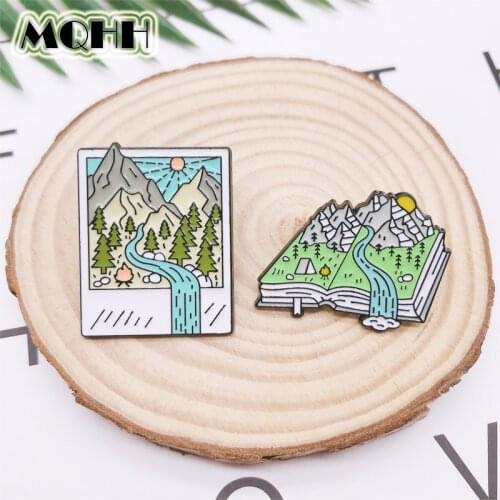 Cartoon Fun Outdoor Travel Mountain Peak Forest River Enamel Brooch Book Landscape Picture Alloy Badge Clothes Bag Pin Jewelry
