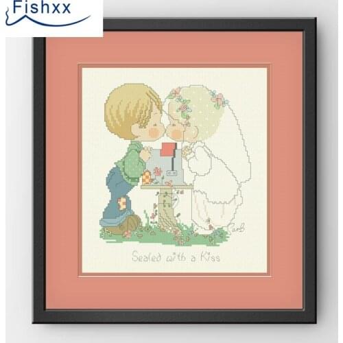 Fishxx Cross Stitch 14CT Kit European Style ChildrenS Bedroom Paintings H110 Wedding Kiss The Bride Ivory White Cloth