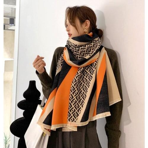 Autumn and winter lady Popular letter Color matching cashmere Scarf Korean style fashion two-sided keep warm tassels wool Shawls