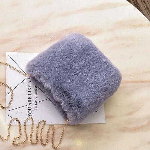 Gray Women Winter Chains Square Shaped Girls Princess Trendy Furry Faux Fur Bag Plush Crossbody Bags Casual Soft Ins Girl Bag