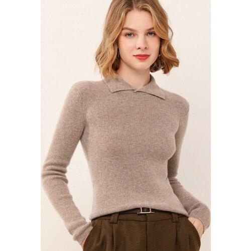 High Stretch Pure Wool Pullover,Lapel Knitted Sweater Women,2021 Early Autumn New,Commute Basic Simple Slim,All-Match Base Top