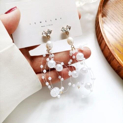 South Korea Long Simulated Pearl Tassel Earrings Trendy Sweet Rhinestone Pearls Ear Clip on Earrings No Hole for Female Wedding
