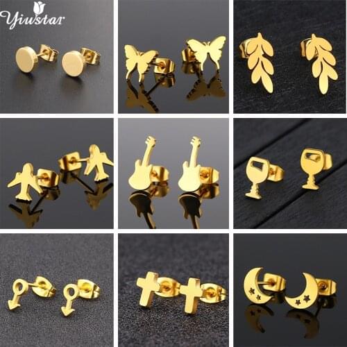 Female Bohemian Stainless Steel Earrings Round Leaf Cross Heart Shaped Stars Moon Gold Earring Butterfly Fashion Jewelry Gifts