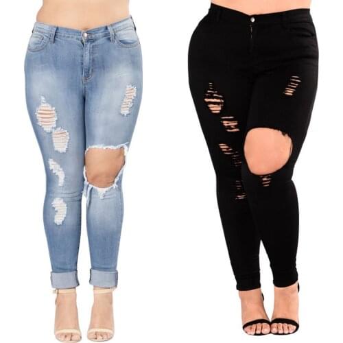 Women casual jeans washed distressed hole stretch skinny jeans fat plus size ripped ladies denim pants solid color pencil pants