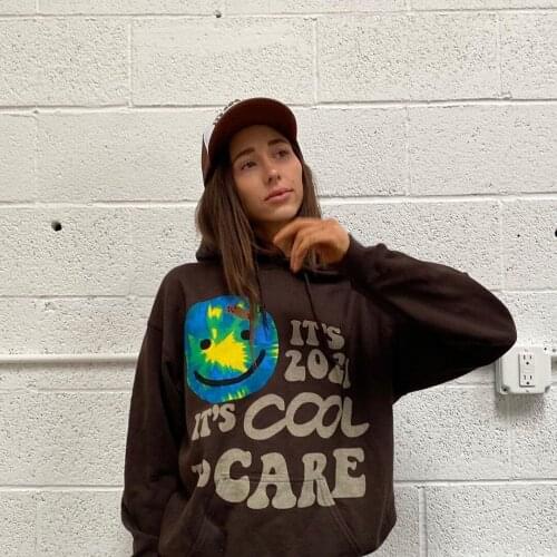 2021 Autumn Letter Print Long Sleeve Hooded Pullover with Big Pocket for Women Female Tops Coffee/White, S/M/L/XL/XXL