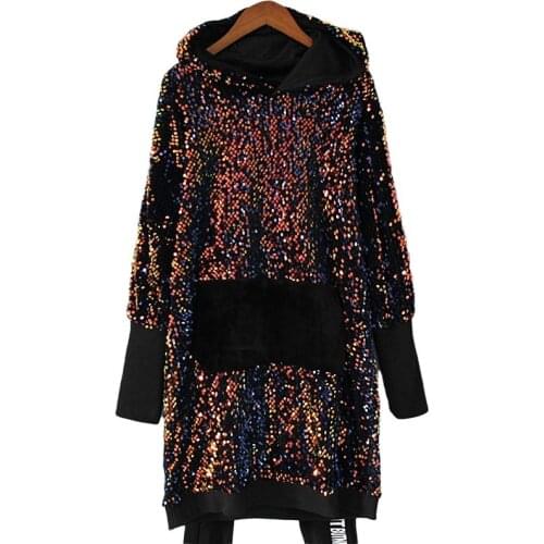 Blingbling Women Sequined Hooded Dress Long Sleeve Shine Bottoming Dress Fashion Sequins Hoodie Colorful T-shirt Dress Plus Size
