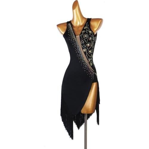 Sexy Latin Dance Dress Tassel Crystals / Rhinestones Women Training Performance Sleeveless