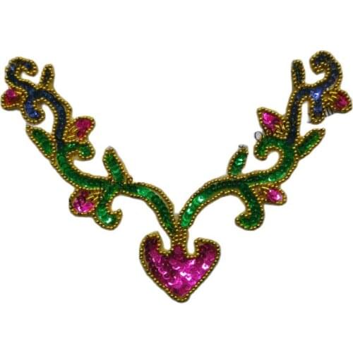 YACKALASI 10 Pcs/Lot Sequined Applique Lace 3D Collar Trims Beaded Embroidery Patches Flower Beaded V-neck Collar 24.5*17.5cm