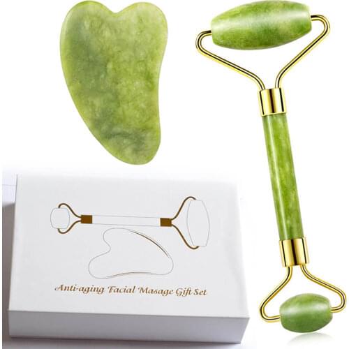 2021 Best 2 In 1 Green Roller Gua Sha Tools Facial Massage Jade Stone Natural Rose Quartz Beauty Skin Neck Tool Girl Gift Sets