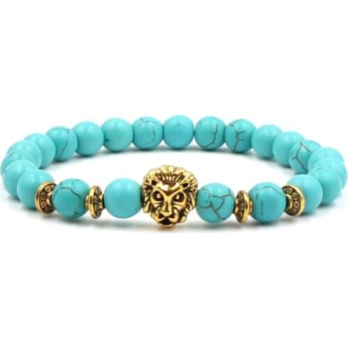 8mm fg345 Lion head Bangles turquoise Buddha Prayer Yoga Bracelet women men nature stone Party Wedding Jewelry