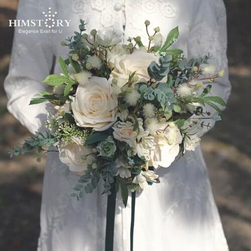 HIMSTORY Romantic Wedding Bouquet White Bridal Flowers Green Leaves Silk Rose Bouquet Wedding Party Accessories Home Decoration