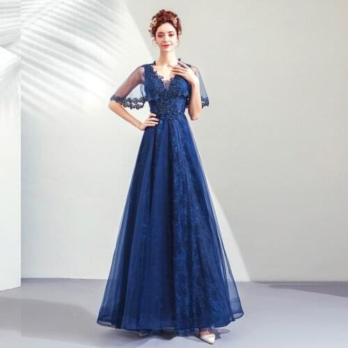 Evening Dresses Illusion V-Neck Short Sequined Beading Pearls Embroidery Tulle Lace Up Luxury Blue Lady Formal Party Gown TS052