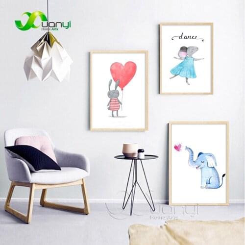 Nordic Animal Poster Wall Art Picture Nordic Cartoon Elephant Rats Rabbits Wall Decoraction Painting For Kids Room Unframed