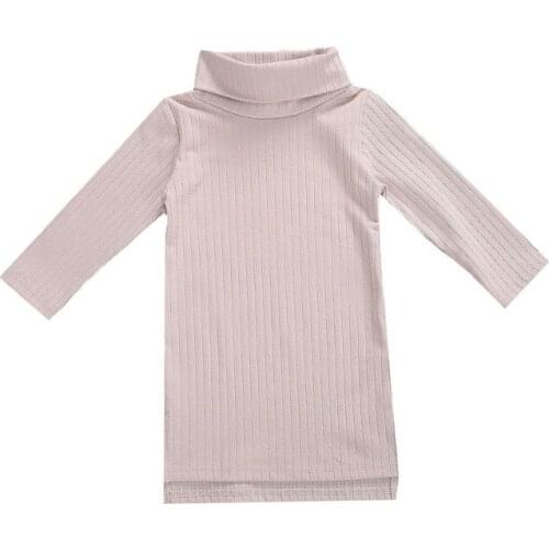 Autumn Winter Girls Fashion Sweater Dress Long Sleeve Turtleneck Solid Khaki Knit Straight Knee Length Dress