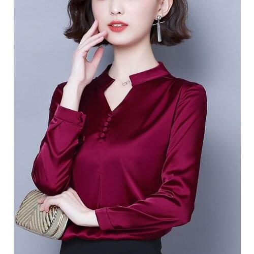 Autumn Women Imitation Silk Long Sleeve Stain Shirt Work Office Lady Blouse Top Womens Fashion Solid Color Loose Blouse Q642