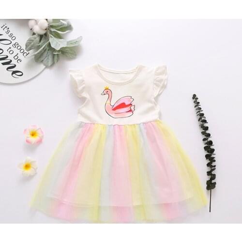 Baby Girls Dress 2021 Summer Cute Swan Printed Baby Fashoin Rainbow Stripe Girl Princess Birthday Party Dresses Costume