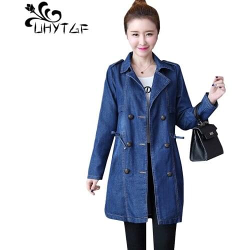 UHYTGF Casual Autumn Winter Jacket Womens Double-Breasted Loose Plus Size Denim Coat Medium Length Windbreaker Outerwear 195