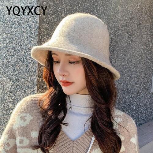 YQYXCY Hat Womens Winter Bucket Hat Cashmere Knitted Fisherman Cap Autumn Winter Bob Hats With Bow Casual Vintage Soft Warm New
