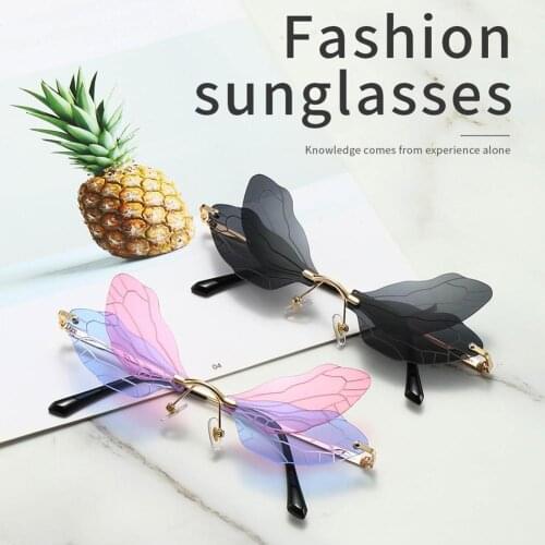 Fashion Rimless Dragonfly Wing Sunglasses Women Vintage Clear Ocean Lens Eyewear Men Women Pink Yellow Sun Glasses Shades UV400