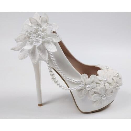 BaoYaFang Round Toe White flower Pearl shoes woman High heels Pumps Women wedding shoes Peep Toe fashion shoes Thin Heel