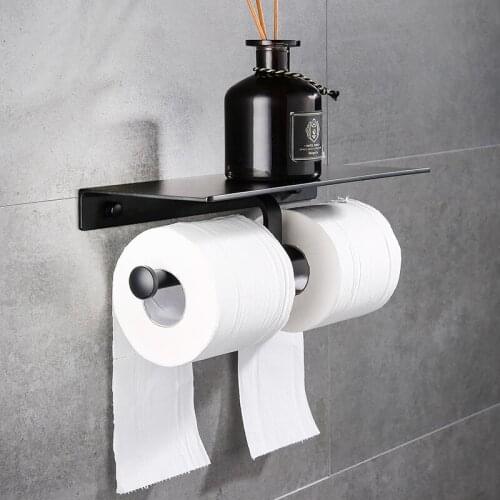 Tuqiu Paper Holder with Phone shelf DoubleToilet Paper roll Holder Nail Free Black Aluminum Double Paper Holder Tissue Boxes