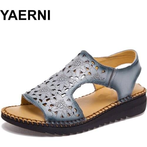 YAERNI 2021Retro Genuine Leather Women Sandals Cut-Outs Women Flats Sandals Summer 3 Colors Cow Leather Mother Summer Shoes
