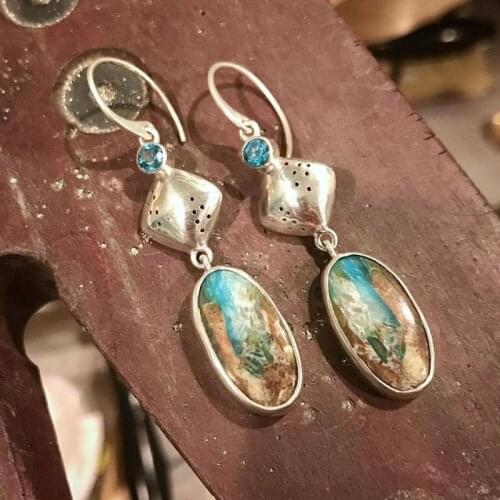 Vintage Earrings Geometric Silver Color Metal Blue Crystal Oval Stone Drop Dangle Earrings for Women Jewelry 2021 New