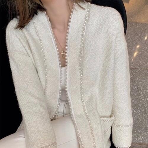 Double Pearls Beading Tweed Jackets Women Spring Autumn Coats Long Sleeved Slim Tweed Cardigan Jackets French Casual Loose B773