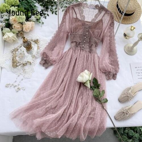 Young Gee Lace Floral Dress Women V Neck Long Sleeves Midi Female Polka Dot Pearls Single Breasted Sweet Mesh Dresses ropa mujer