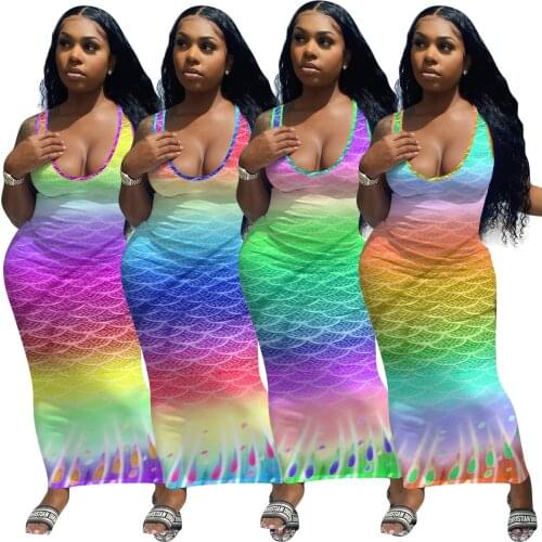 2021 summer Fish scale gradient Print Sleeveless Slim Elegant long Dress Women Sexy Party Night Club Beach Bodycon Dresses
