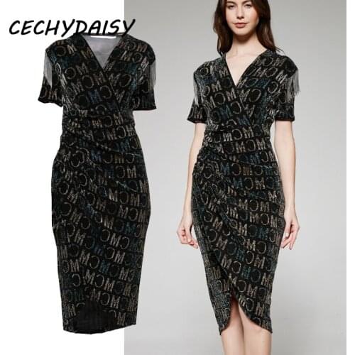 Women Dress Sexy V-Neck Letters Chain Tassel Short Sleeve Elegant Vintage Bodycon Office Lady Midi Leng Party Dresses Plus Size