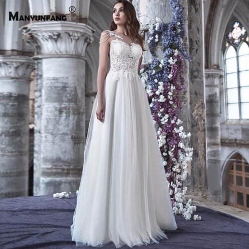 High-End Beading Cap Sleeve O-Neck Sweep Train Bridal Gown Elegant Button Back Embroidery Appliques Tulle A-Line Wedding Dress