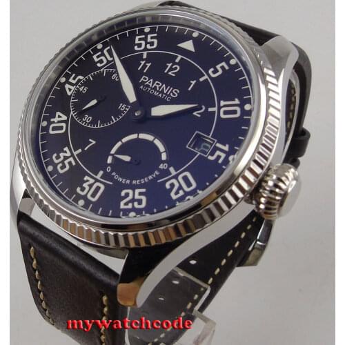 45mm Parnis black dial date power reserve ST2530 Automatic Movement Mens Watch
