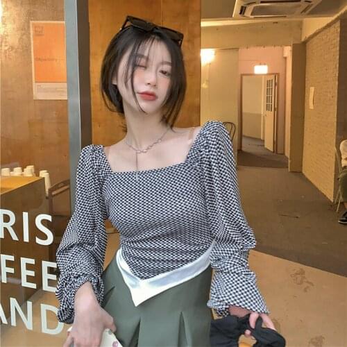 Asymmetric Autumn Blouse Women Shirts Vintage Style Plaid Crop Top Square Collar Hollow Out Blusas Mujer De Moda 2021 Verano