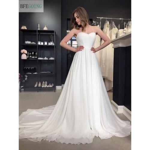 White Chiffon Satin Sweetheart Strapless Bridal Gowns Floor-Length A-Line Wedding Dress Chapel Train Custom Made