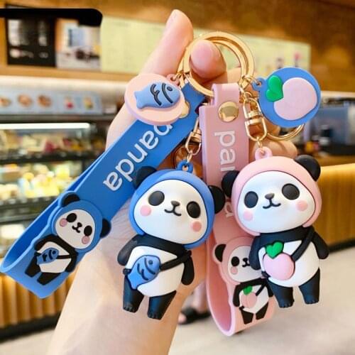 Cute Strawberry Watermelon Fruit Panda Keychain Soft PVC Cartoon Panda Doll Keyring Couple Women Backpack Car Pendant Key Chains