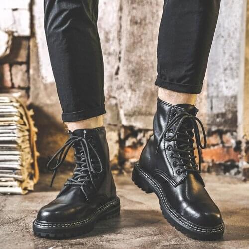 Black Couple Ankle Boots Women Street Fashion Leather Casual Shoes UK Style Vintage Lace Up Chunky Boots Non-slip Mens Shoes