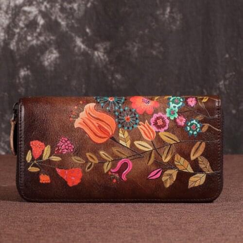 Retro Flower Cowhide Long Womens Wallets and Purses 2021 Spring Floral Genuine Leather Leisure Phone Purse Wallet Card Holder