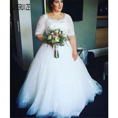 JIERUIZE Elegant Wedding Dresses Scoop Neck Half Sleeves Lace Up Back Appliques Plus Size Bridal Wedding Gowns robe de mariee