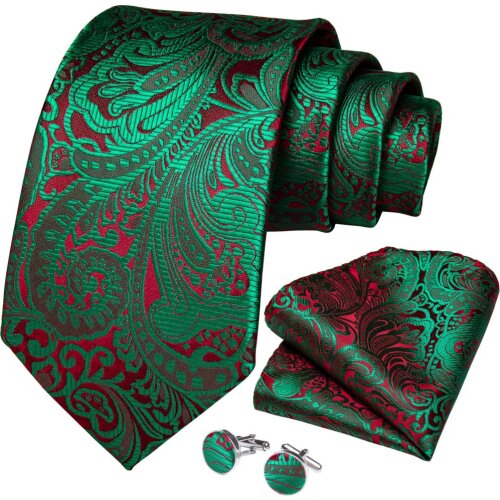 Men Tie Green Red Paisley Quality Silk Wedding Tie For Men Hanky Cufflinks Business Gift Tie Set DiBanGu Designer Party SJT-7280