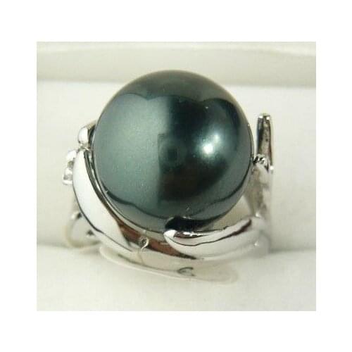 Hot selling ******** Genuine Natural 14mm Black South Sea Shell Pearl Wedding Jewelry Ring SZ 7/8/9