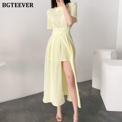 BGTEEVER Summer Elegant Women Jumpsuits Rompers Short Sleeve Loose Split Women Overalls Slim Waist Female Tracksuits 2021