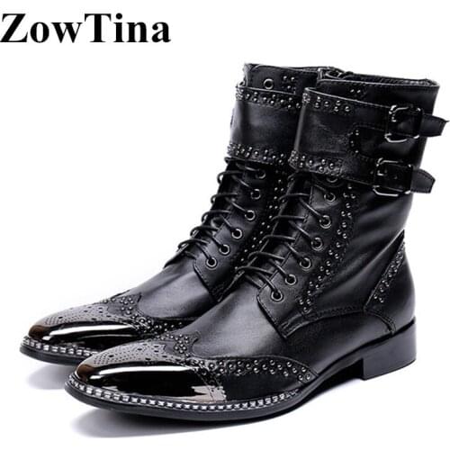 Men Round Toe Black Short Boots Handmade Flats Studded Military Winter Booties Big Size 46 Work Botines Men Combat Boot Shoes