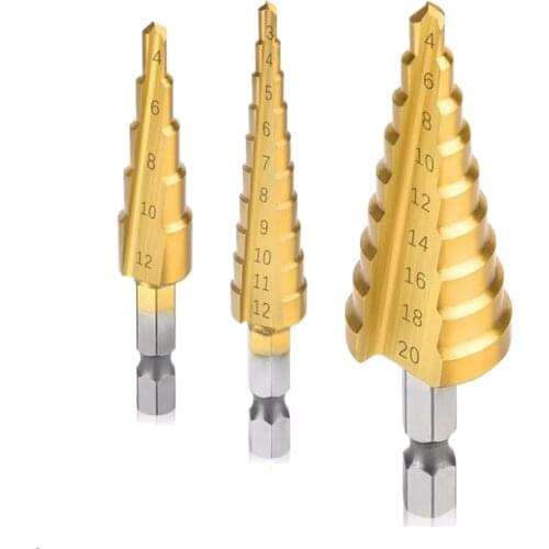 HSS Step Drill Bit Set of 3, 3-12mm 4-12mm 4-20mm Cone Titanium Wood Metal Hole Cutter Hex Shank Drive Quick Change Tool
