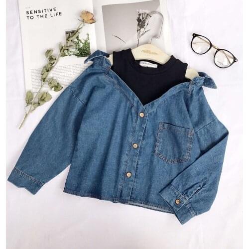 2020 New Item Girl Fake Two Pieces Jeans Shirt