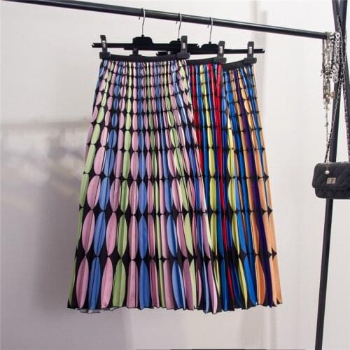 New Striped Pleated Skirt Summer Vintage Hit Color Printing Long Skirts Runway Women Elastic Waist Fashion Elegant Swing Skirts
