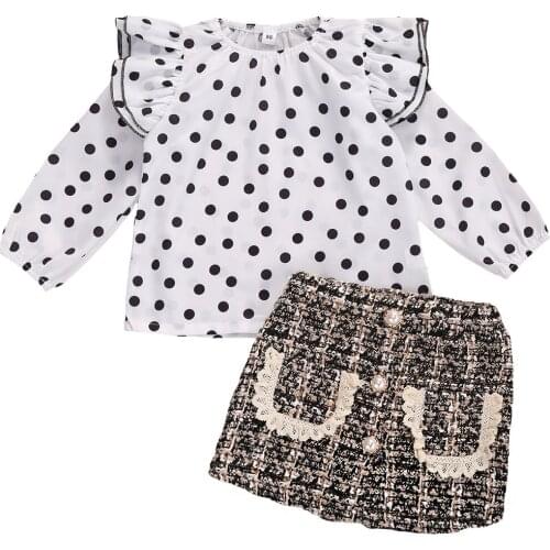 2-7Y Spring Autumn Infant Baby Girls Kid Princess Outfits Polka Dot Ruffle Shirt Top + Elegant Mini Skirt 2Pcs Clothes Sets