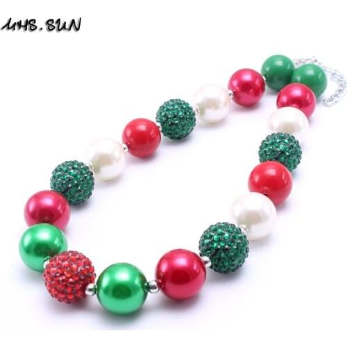 MHS.SUN 2PCS Christmas Style Girls Chunky Necklace Green+Red Baby Child Bubblegum Beads Chunky Necklace Toddler Kids Jewelry