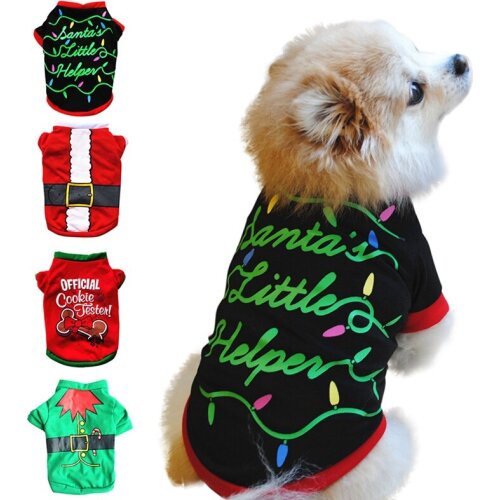 Christmas Pet Dogs Cotton T-Shirt Short Sleeve Clothes with Xmas Theme Painting Autumn Winter Dog Warm Coat Puppy Outfit