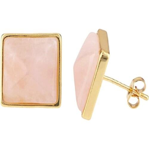 FYJS Unique Elegant Women Jewelry Light Yellow Gold Color Natural Rose Pink Quartz Square Shape Stud Earrings